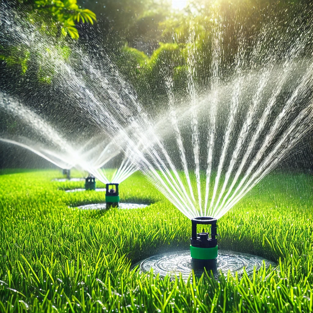 sprinklers watering a lawn in the morning
