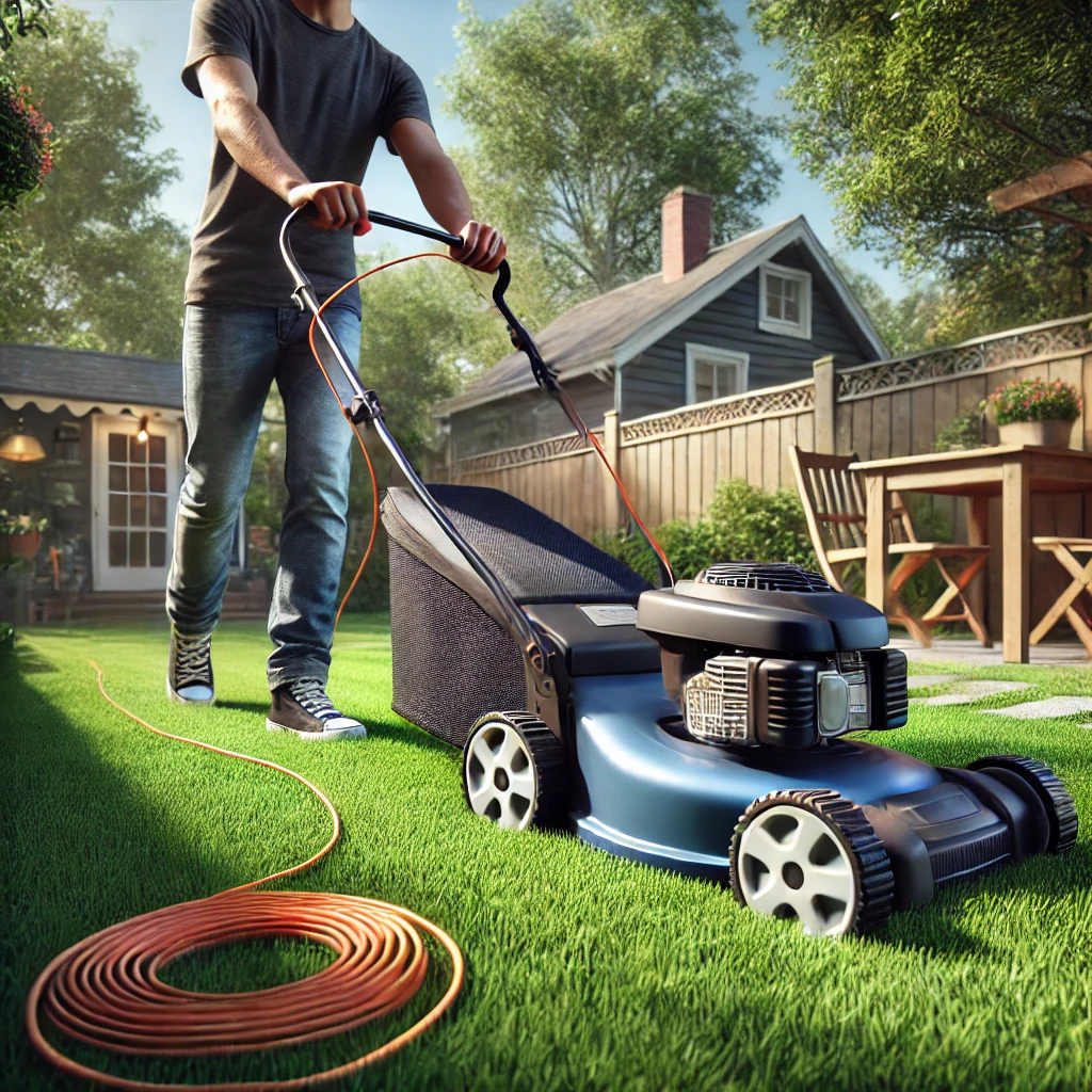 corded electric lawn mower cutting wet grass