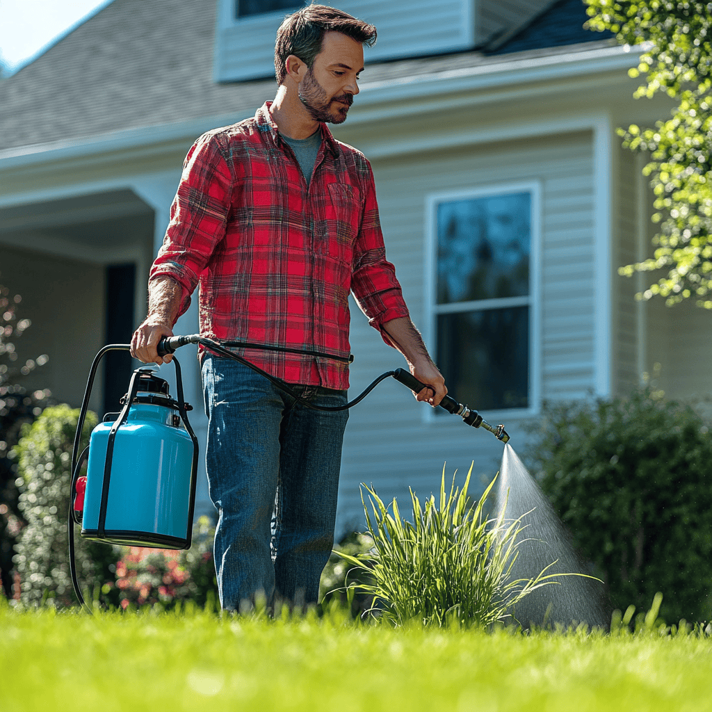 man applying liquid Blue DEF as a lawn fertilizer