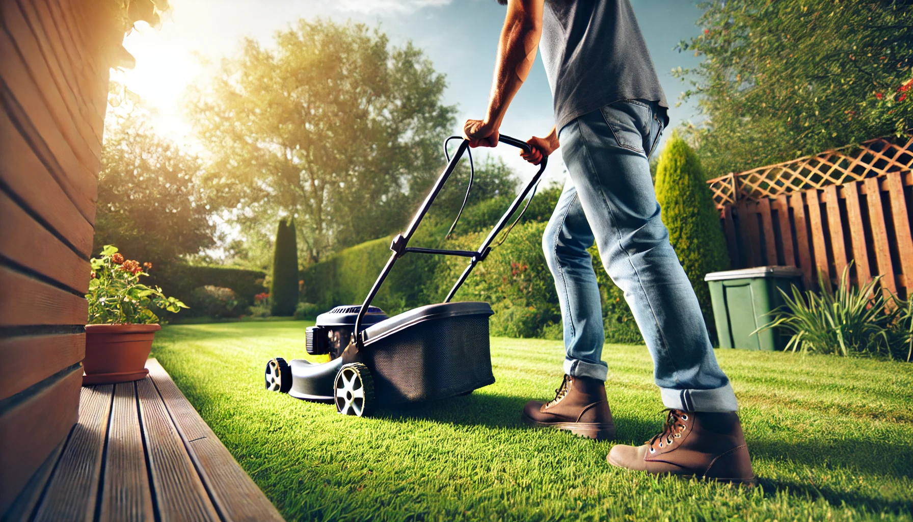 pushing a lawn mower