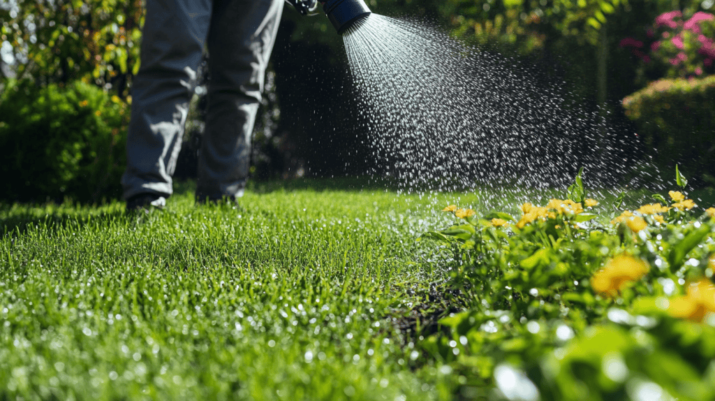 Spreading Scotts Turf Builder on grass.