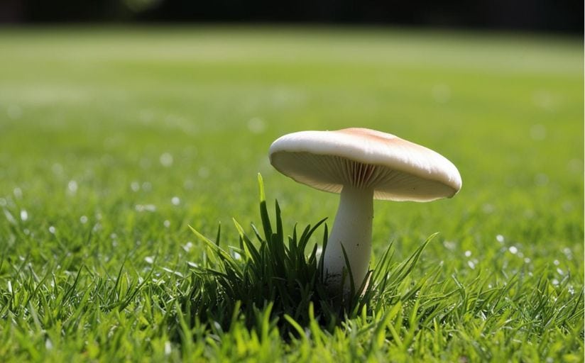 A large white mushroom growing in a lawn.