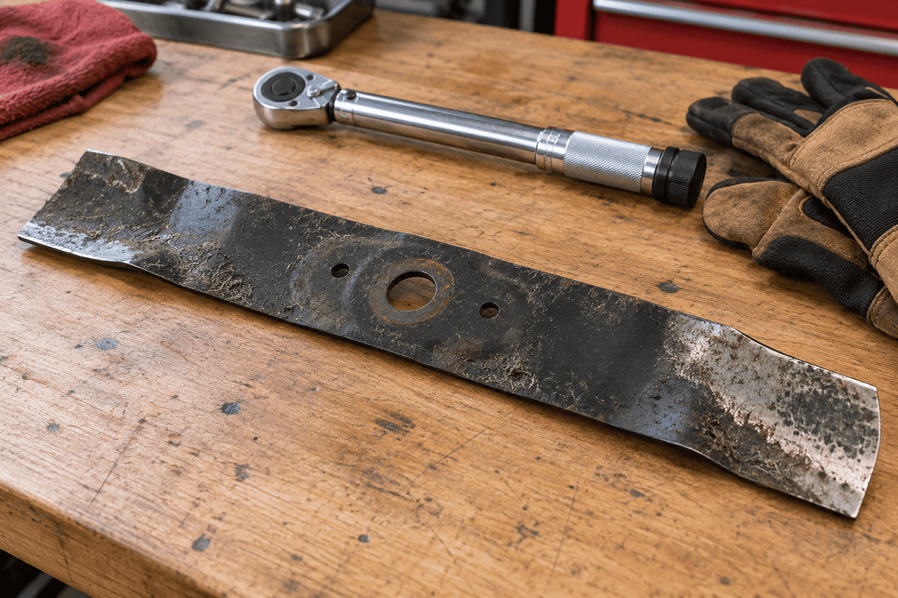 Illustrative photograph of a removed mower blade, torque wrench and work gloves on a workbench