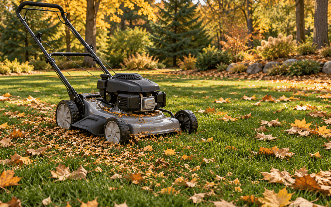 Illustration of a mulching mower on a lawn with finely chopped autumn leaves