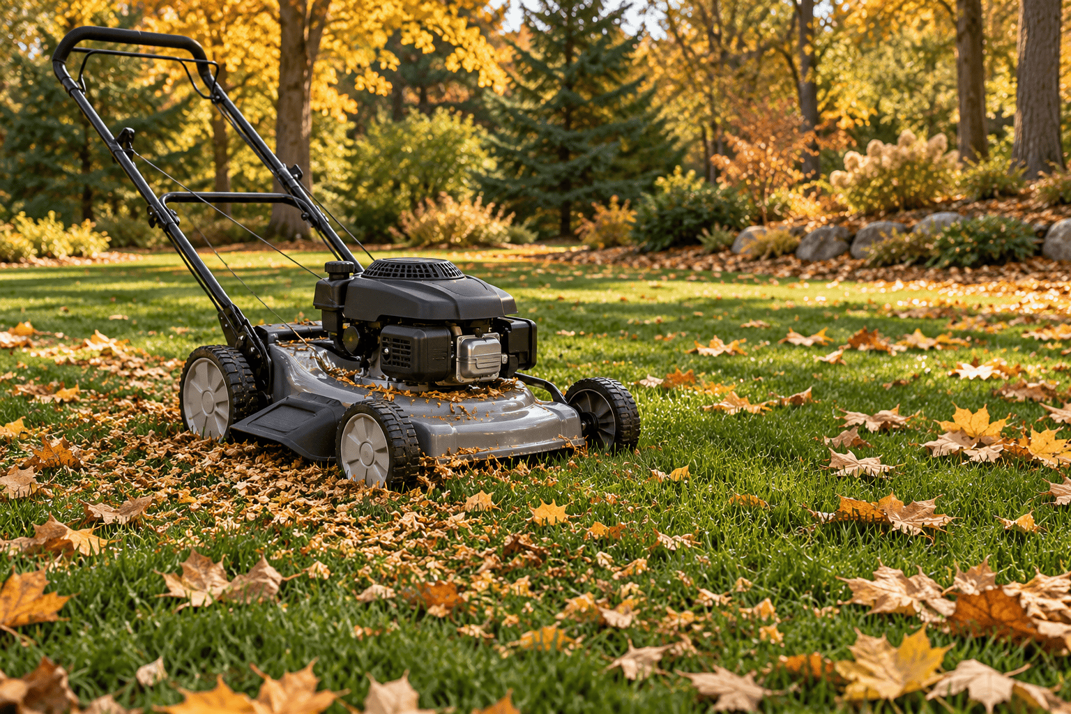 Illustration of a mulching mower on a lawn with finely chopped autumn leaves