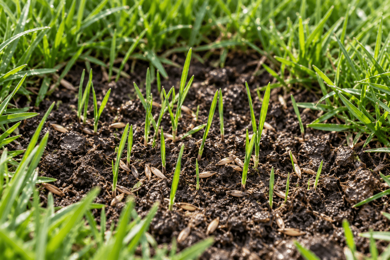 Illustrative close-up of young cool-season grass seedlings emerging from soil