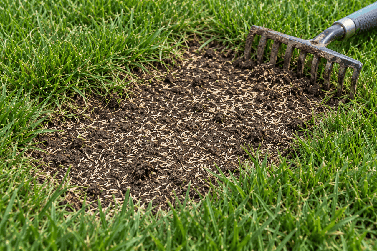 Illustrative photograph of a loosened bare lawn patch with evenly scattered grass seed