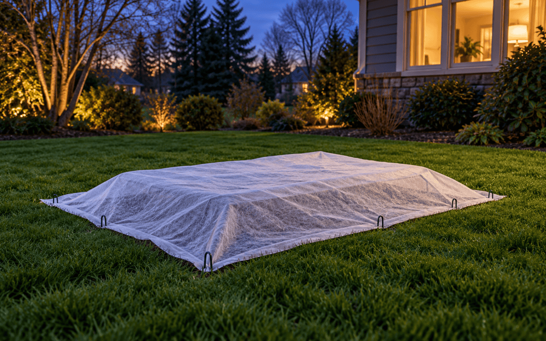 Illustration of breathable frost cloth secured over a small newly seeded lawn area