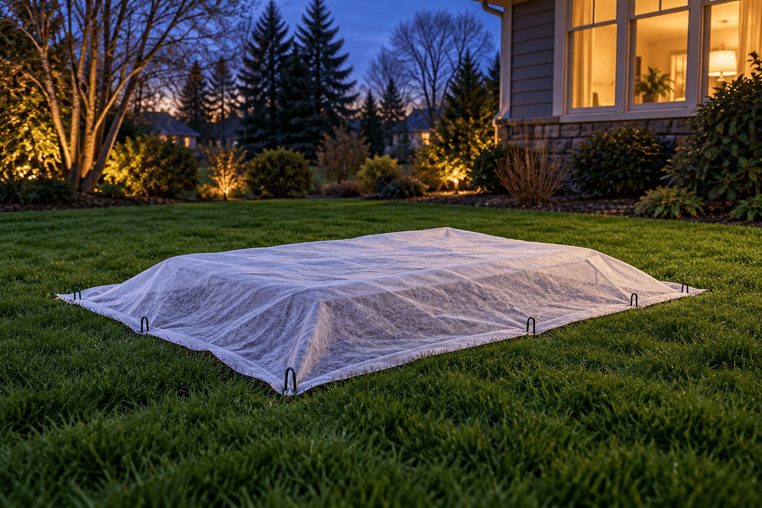Illustration of breathable frost cloth secured over a small newly seeded lawn area